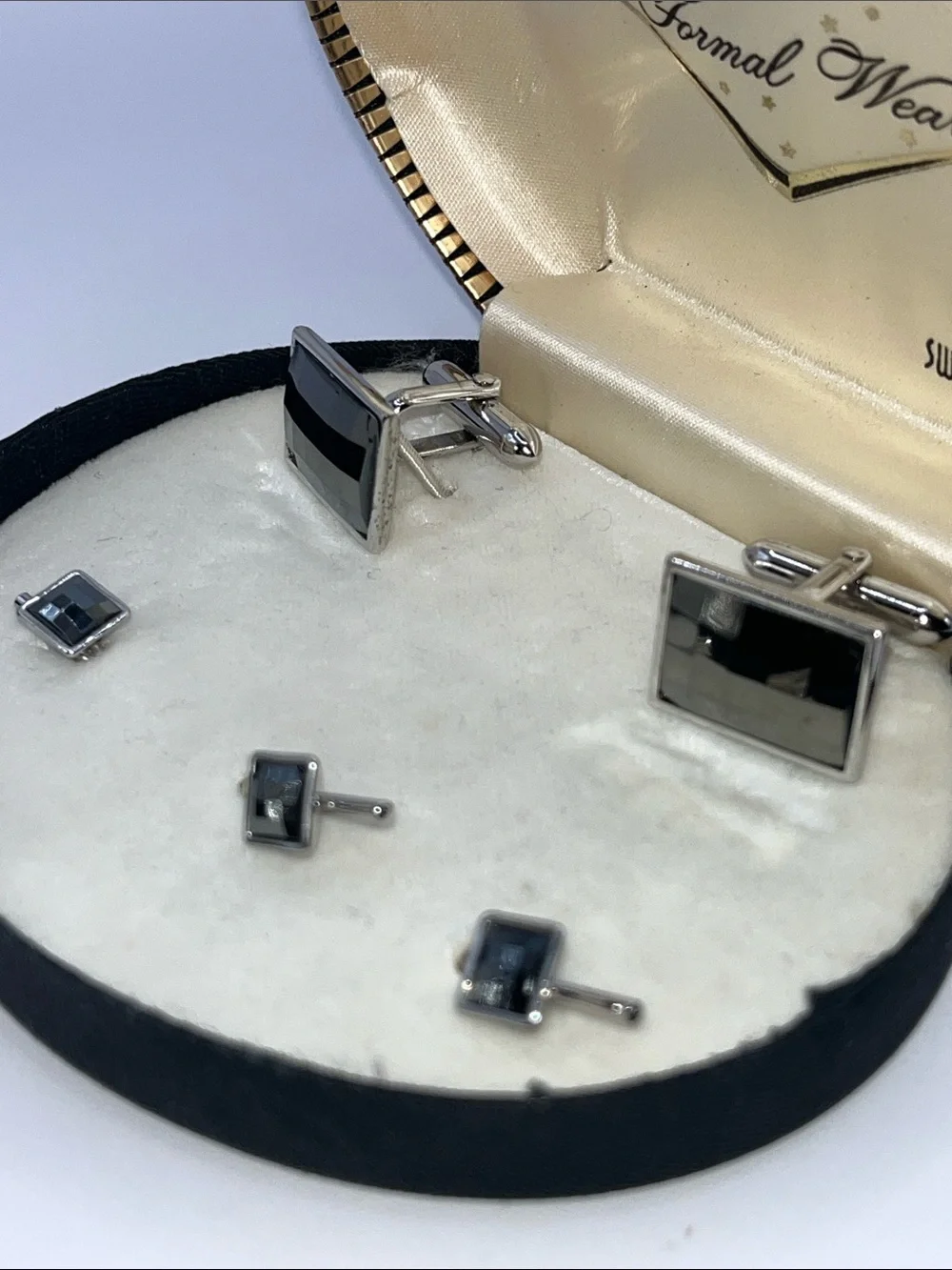 SWANK Black and Silver Rectangular Cufflinks with Matching Studs